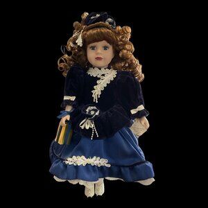 Holiday Porcelain Doll in Navy Velvet Dress w/ Gift